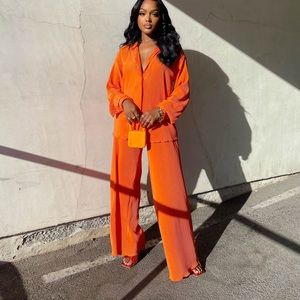 Orange flowy 2 piece pants button up set